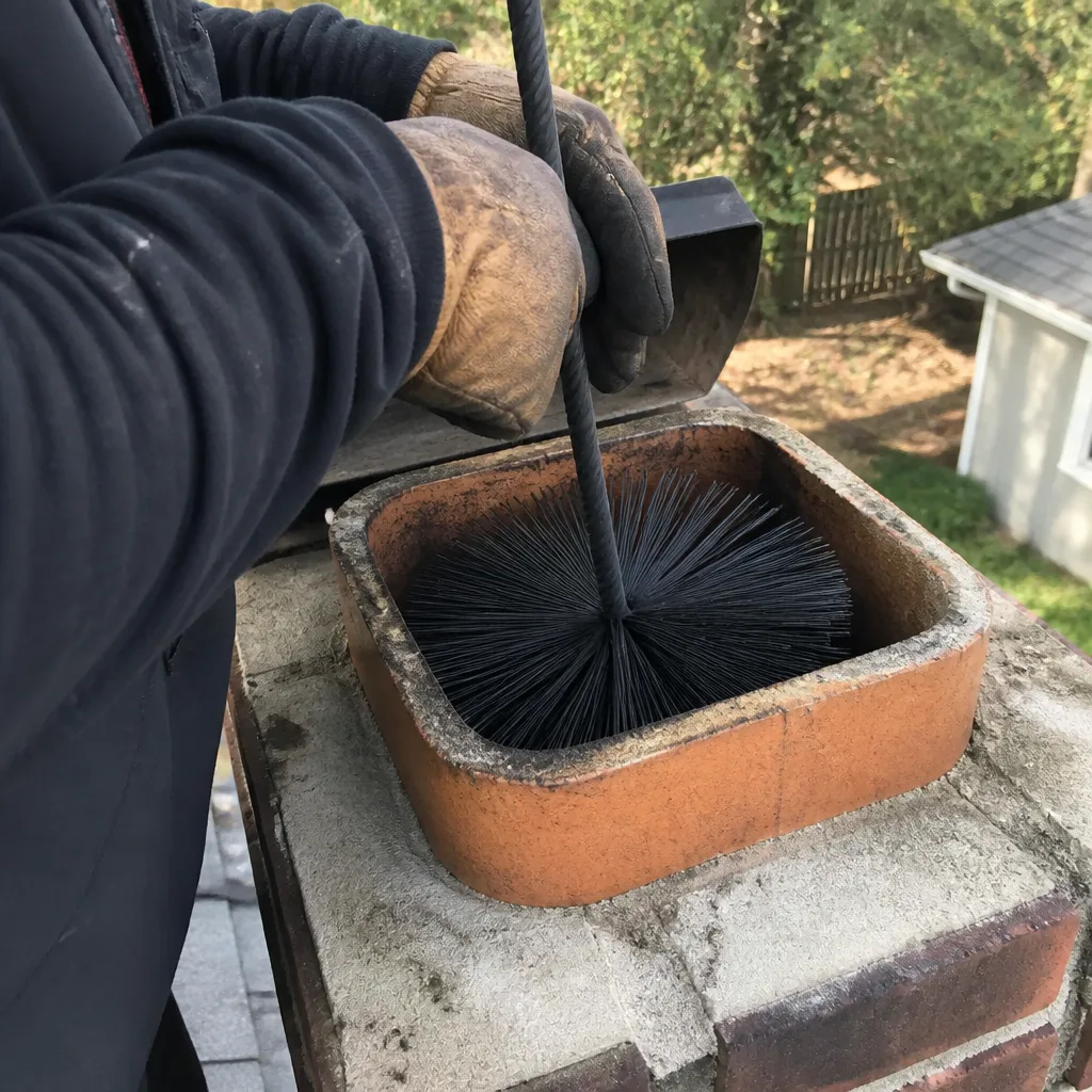 Professional chimney sweep cleaning a fireplace flue with a chimney brush